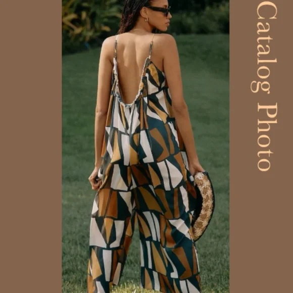 Anthropologie Wide-Leg Jumpsuit Brown White Black Motif Size M NWT - Picture 2 of 11